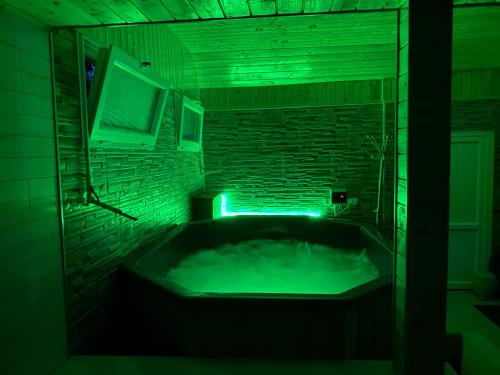 a dark bathroom with a tub with green lights at Vila Eszter in Sovata