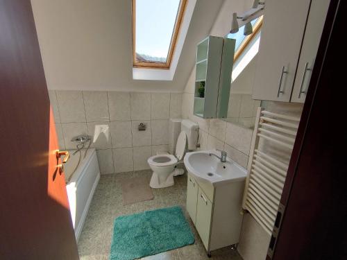 a bathroom with a sink toilet and a window at Casa Lalelelor in Râşnov