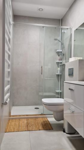 a bathroom with a shower and a toilet and a sink at AZURE Apartament Pobierowo in Pobierowo