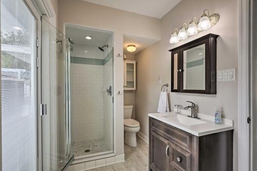 a bathroom with a shower and a sink and a toilet at St Augustine Home with Private Pool 4 Mi to Beach! in Saint Augustine