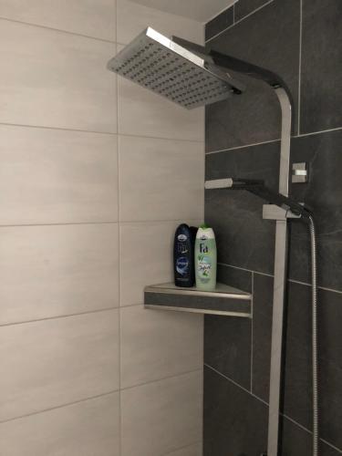 La salle de bains est pourvue d'une douche et de 2 bouteilles de shampoing. dans l'établissement Body Kult Loft - Modernes Appartement mit 2 separaten Schlafzimmern, à Zwickau