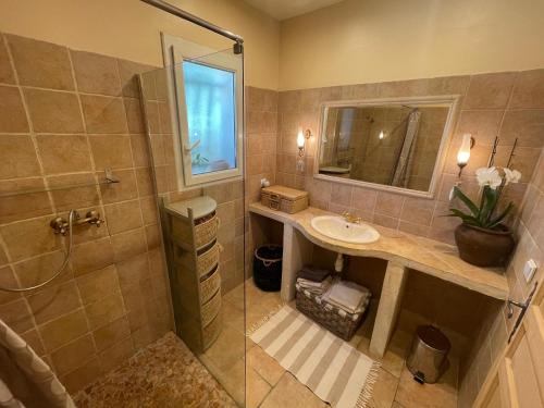 une salle de bain avec un lavabo et une douche dans l'établissement Le calme de la garrigue, à Russan