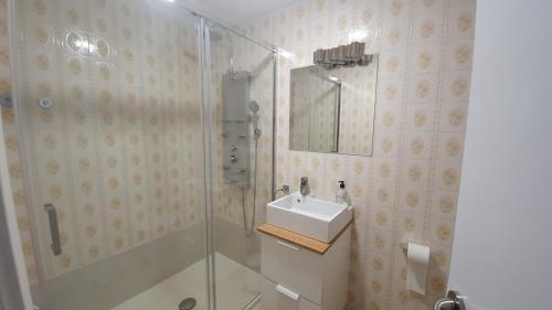 a bathroom with a sink and a glass shower at Casa en plena naturaleza al lado del rio Verdugo in Arcade