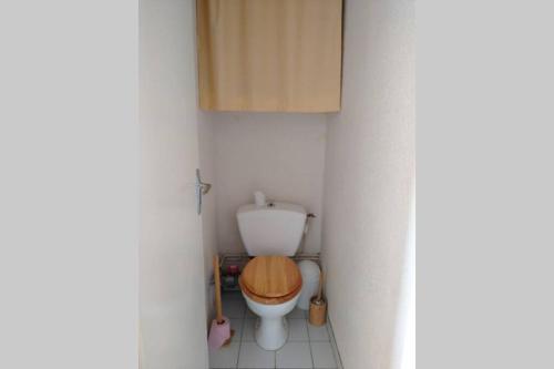a small bathroom with a toilet with a wooden seat at Studio 4pers vue piste in Le Corbier