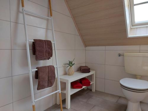 ein Badezimmer mit einem WC und einem Regal mit Handtüchern in der Unterkunft Ferienhaus Blaue Nordseewelle in Esens