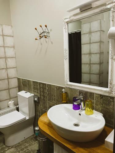 a bathroom with a white sink and a toilet at Hotel Benevilla in Alūksne