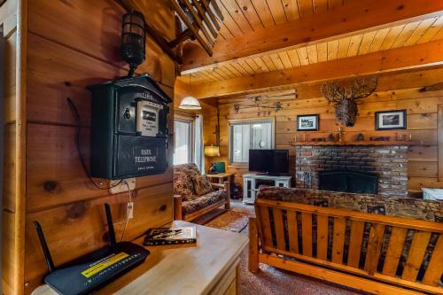 a living room with a tv and a fireplace in a cabin at Williams Cabin in Shaver Lake