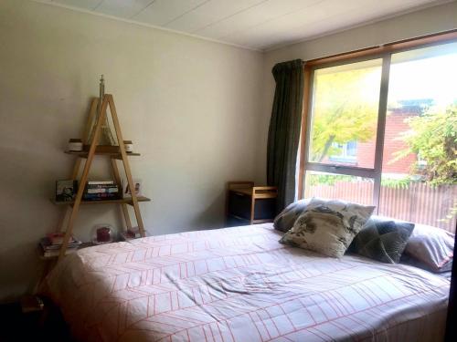 een slaapkamer met een bed en een raam bij Harbour Side Views in Dunedin