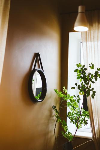 a mirror hanging on a wall next to a plant at Hotel Benevilla in Alūksne