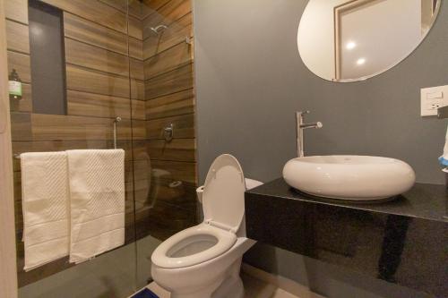 a bathroom with a toilet and a sink and a mirror at Lofts Santa Fe in Guadalajara