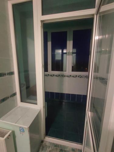 y baño con ducha de cristal y ventana. en Daily rent Apartments 8, en Ivano-Frankivsk