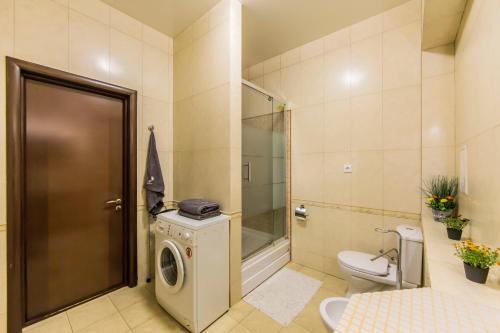 a bathroom with a washing machine and a toilet at 2к квартира на Басейній, ТРЦ Гуллівер in Kyiv