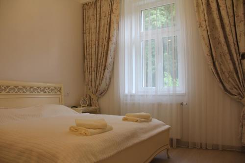 une chambre avec un lit avec deux serviettes dessus dans l'établissement Jurincom apartments Kralovska Vyhlidka, à Karlovy Vary