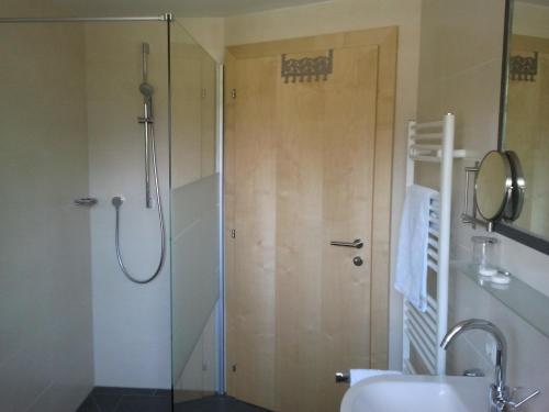 a shower with a glass door in a bathroom at Antares am See in Maurach