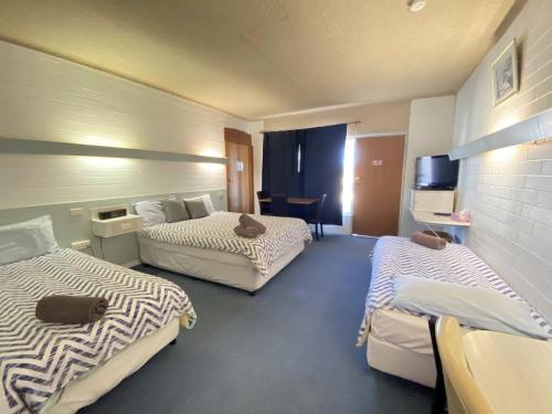 a hotel room with two beds and a television at Capri Motel in Balranald