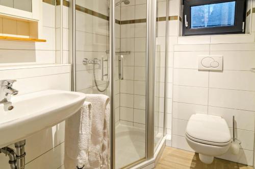 ein Bad mit einer Dusche, einem Waschbecken und einem WC in der Unterkunft Ferienwohnung mit Gartenblick in Überlingen