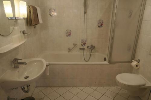 a bathroom with a toilet and a tub and a sink at Gasthof Tiroler Hof in Bad Feilnbach