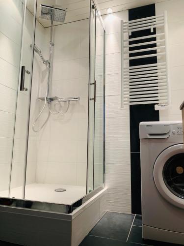 une salle de bain avec douche et machine à laver dans l'établissement SUPER LIORAN - APPARTEMENT ENTIÈREMENT ÉQUIPÉ, à Laveissière