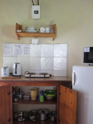 a kitchen with a counter and a refrigerator at Elandskloof Trout Farm in Dullstroom