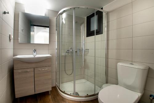 a bathroom with a shower and a toilet and a sink at Villa Margarita Suites in Hersonissos