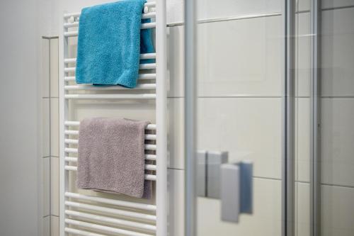 łazienka z niebieskimi ręcznikami na wieszaku na ręczniki w obiekcie Villa Sonnenblick w mieście Cochem