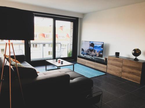 a living room with a couch and a tv at "Cosy Dune", trendy en zuid gelegen ruim appartement op 100m van strand en winkelstraat in Nieuwpoort