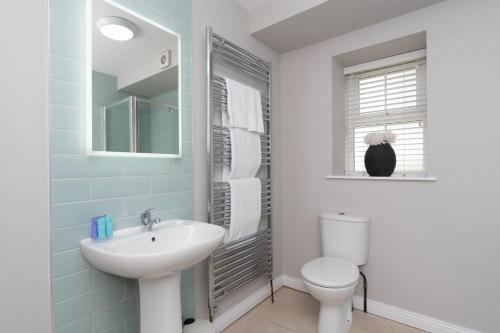 a bathroom with a sink and a toilet and a window at Stable Court Apartments in Antrim