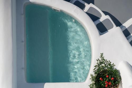 a swimming pool in a house with a plant at Radiant Santorini in Mesaria