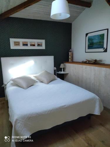a bedroom with a large white bed in a room at GITE JARDIN/TERRASSE COSY PRES PLAGES in Arès