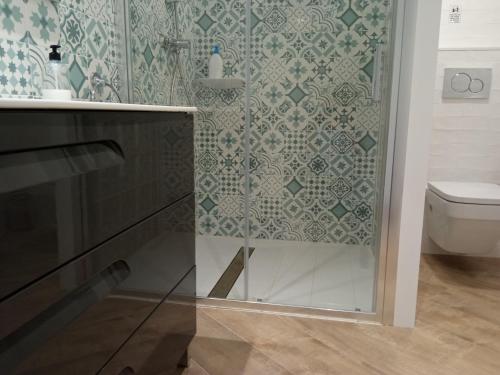 a bathroom with a shower and a toilet at Apartamentos Montgò in Denia