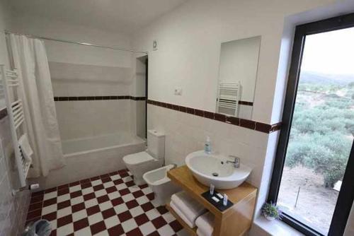 a bathroom with a sink and a toilet and a window at Quinta dos Avidagos AgroTurismo Mirandela in Mirandela