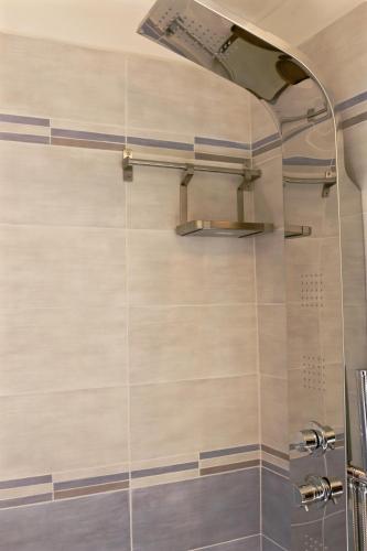 a bathroom with a shower with blue and white tiles at Sardinia MongaHouse in Tertenìa
