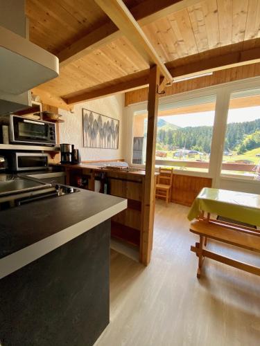 Il comprend une cuisine équipée d'une cuisinière et d'une grande fenêtre. dans l'établissement SUPER LIORAN - APPARTEMENT ENTIÈREMENT ÉQUIPÉ, à Laveissière