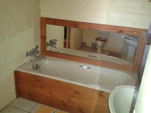 a bath tub in a bathroom with a mirror at Little Lotta Cottage in Caledon