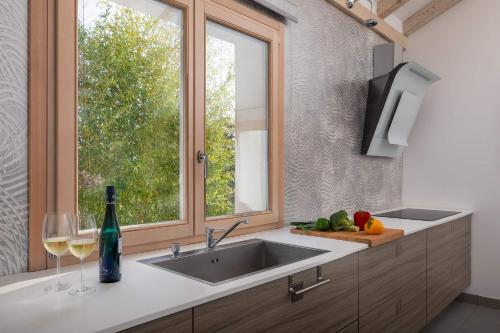 a kitchen with a sink and a window at Villa Tela with Pool in Zaboric