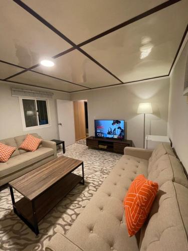 كوخ زراعي فريد في العلا: غرفة معيشة مع أريكة وتلفزيون بشاشة مسطحة