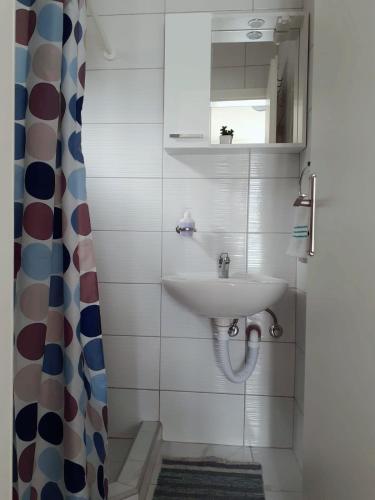 a bathroom with a sink and a mirror at Apartmani Leženić Dada in Neum