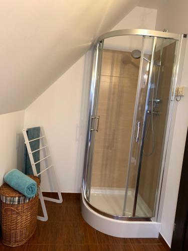 a shower with a glass door in a bathroom at Uroczy dom nad jeziorem Śniardwy tuż obok plaży in Nowe Guty