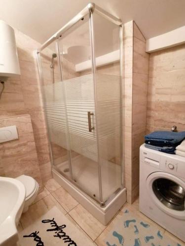 a shower in a bathroom with a washing machine at Apartment Istria in Peroj