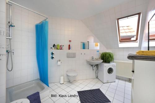 ein Bad mit einem Waschbecken, einem WC und einer Dusche in der Unterkunft Domizil Domblick Speyer City, Garage, 50m2 in Speyer