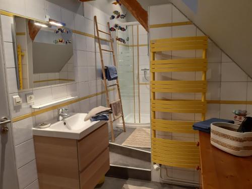 a bathroom with a sink and a shower at La Longère d'Arzoù, chambres d'hôtes in Baden