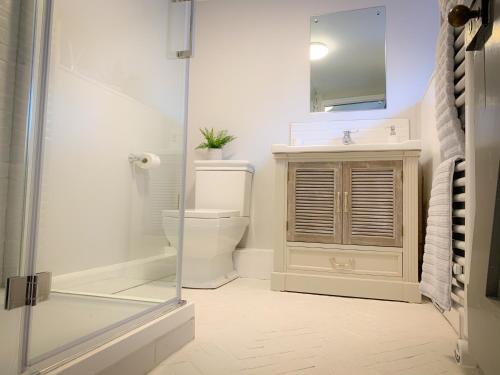 a bathroom with a toilet and a glass shower at The Gate Cottage in Thaxted