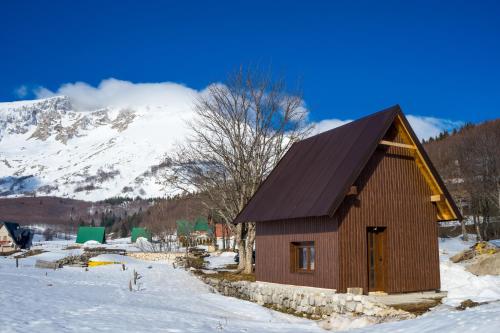 un pequeño edificio en la nieve con una montaña en Koliba Činčila, en Žabljak