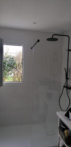 La salle de bains blanche est pourvue d'une douche et d'une fenêtre. dans l'établissement capplouneour, à Plounéour-Trez