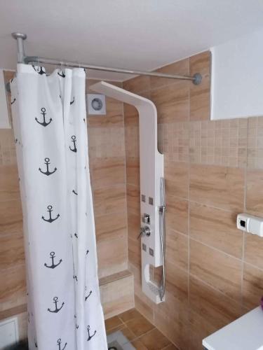 a shower curtain with an anchor on it in a bathroom at Apartment in Sehlen - Insel Rügen 3067 in Sehlen
