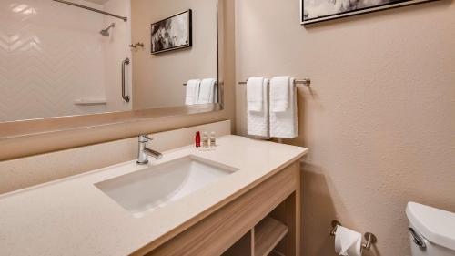 uma casa de banho com um lavatório branco e um espelho. em Best Western Premier I-95 Savannah Airport/ Pooler West em Savannah
