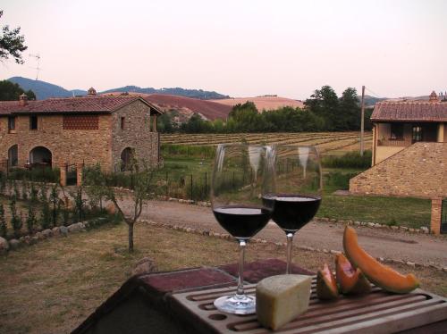 two glasses of wine sitting on a table in a vineyard at Borgo da Vinci in Volterra