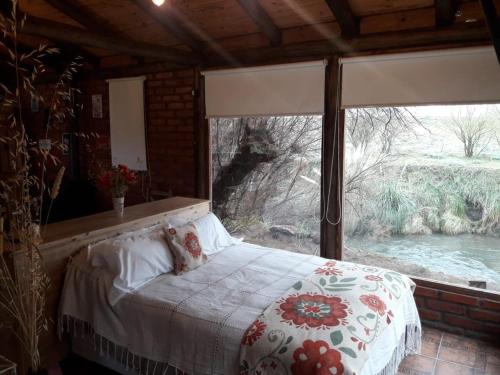 a bedroom with a bed and a large window at Cabaña Exclusiva in Bahía Blanca