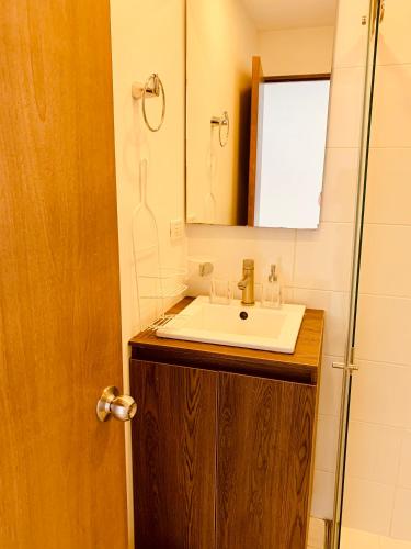 a bathroom with a sink and a mirror and a shower at Apartamento zona colonial lindísimo 101 in Zipaquirá