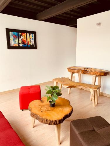 a living room with a table and a table with a plant at Apartamento zona colonial lindísimo 202 in Zipaquirá